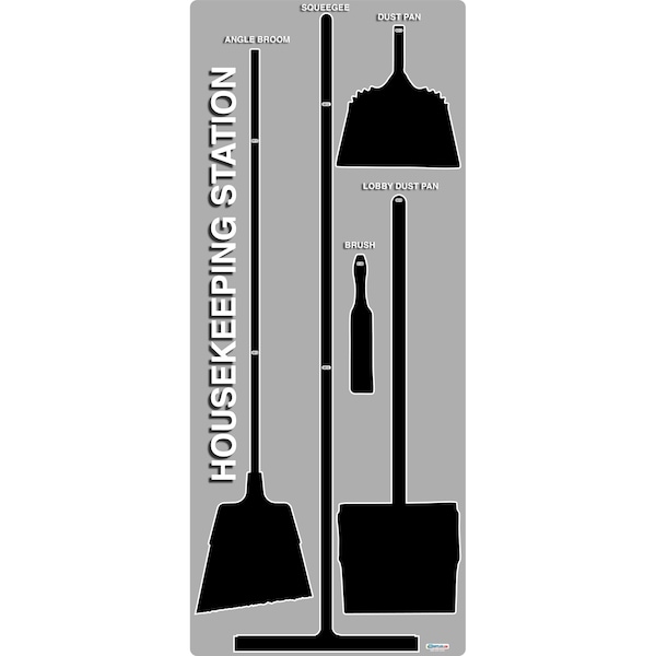 5S Housekeeping Shadow Board Broom Station Version 14 - Gray Board / Black Shadows  With Broom